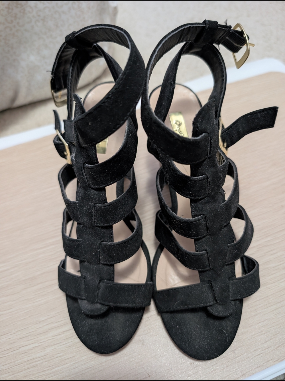 Qupid Black Strappy Gladiator Heels with Gold Buckles